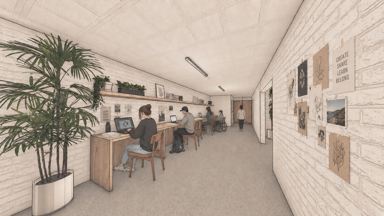 Visualization of the fitted-out studio's desking area, with people working individually along a row of desks, and a gallery wall reading 'create share learn belong'.
