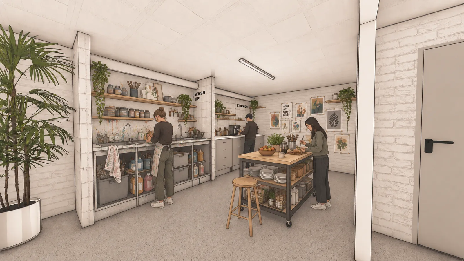 Visualization of the fitted-out studio's kitchen and wash-up area, with a central island, storage, and artwork on the walls.