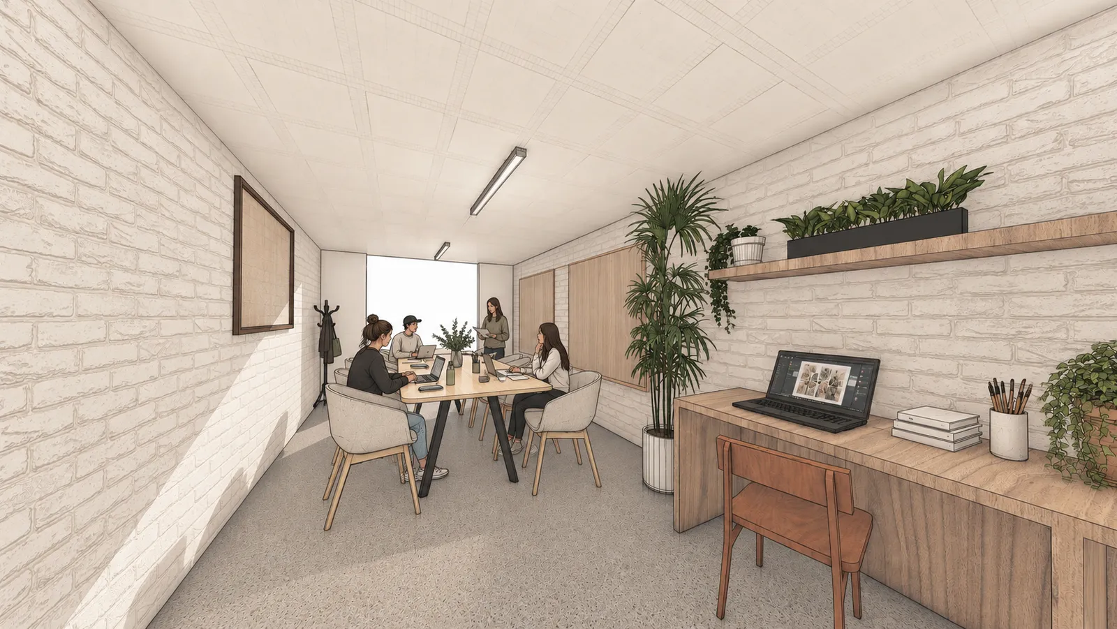 Visualization of a small meeting room in the fitted-out studio, with people talking around a table, a work desk with a laptop, and plants.