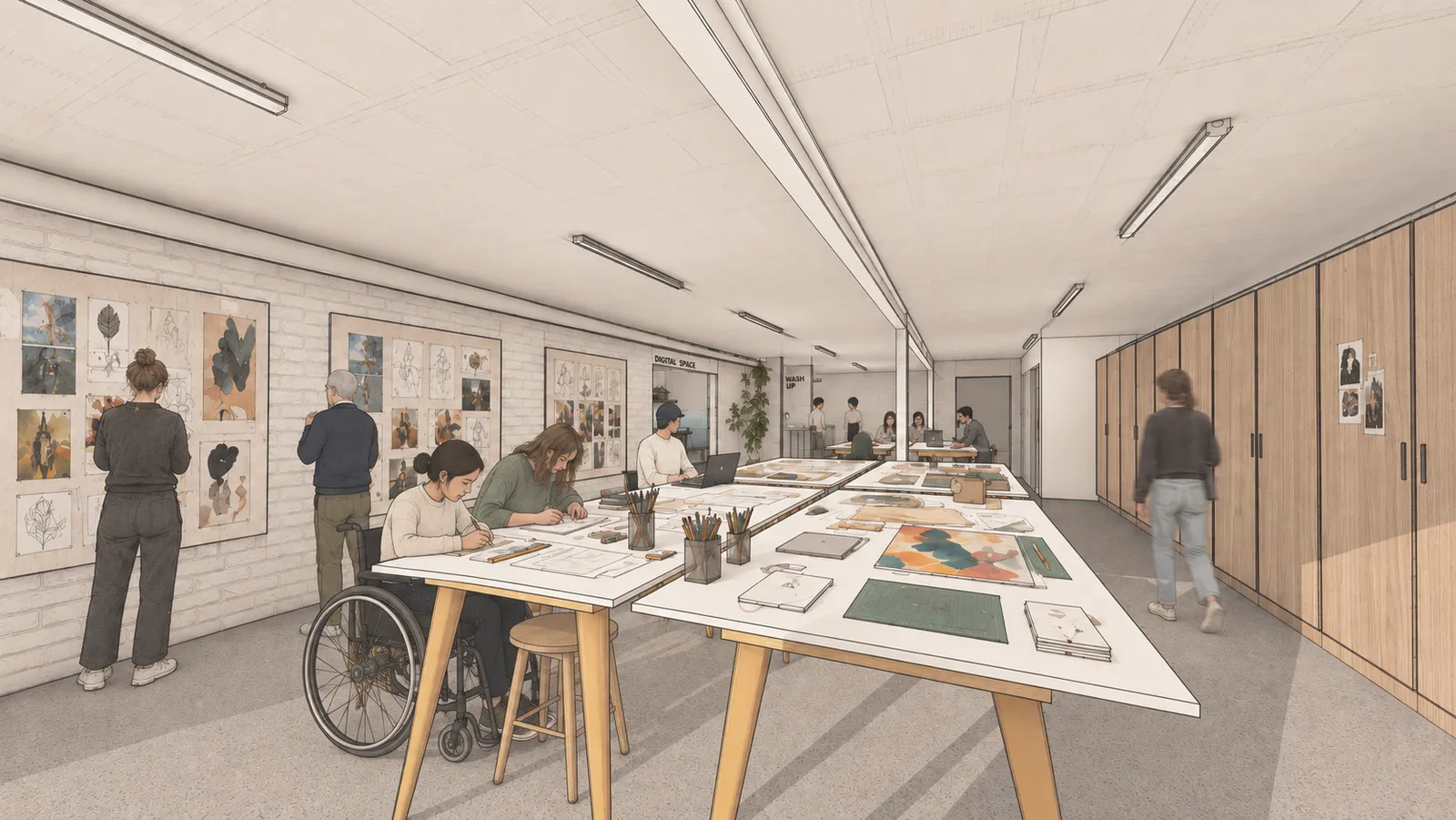 Visualization of the fitted-out studio's main workshop space, with a large communal work table, storage cabinets, and a gallery wall of artwork.